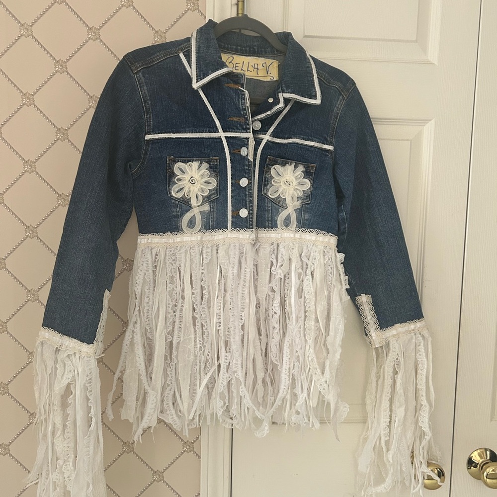 Bella Vita Blue Denim Jacket with White Lace Fringe